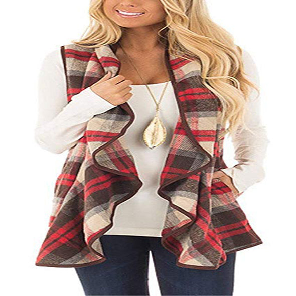 Plaid Lapels Sleeveless Cape Coat