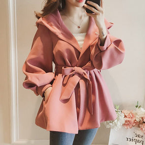 Lantern Sleeve Bow Waist Hooded Coat