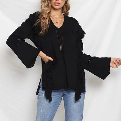 New Fringed Hollow V-Neck Trumpet Sleeve Sweater