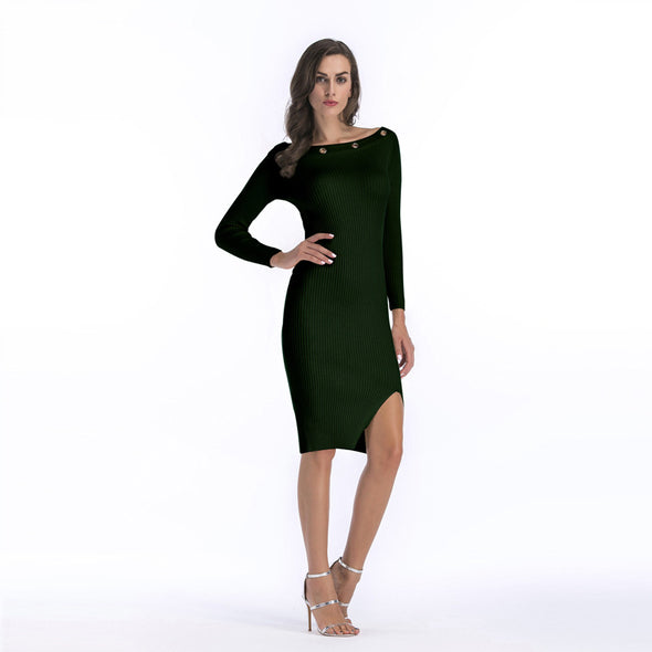 Women Slash Neck Cotton Long Knitted Dress Casual Long Sleeve Dresses