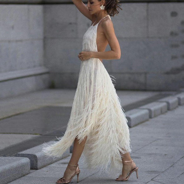 Sexy Backless Sleeveless Tassel Evening Maxi Dress