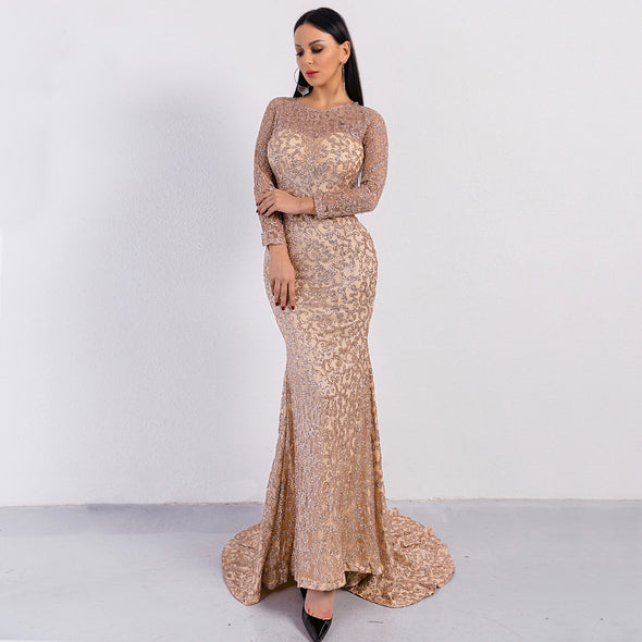 Sexy O-neck Long Sleeve Perspective Sequin Evening Dress