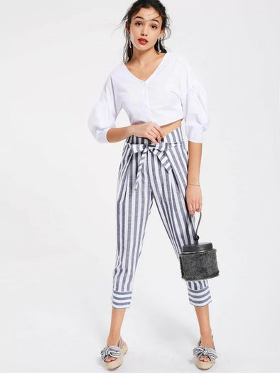 New striped belted high waist cropped pants
