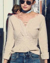 Lace-Up V-Neck Openwork Knit Sweater