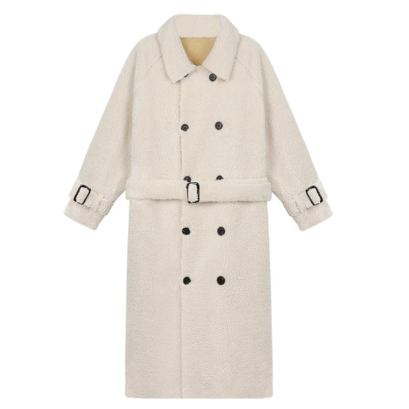 Loose Belt Double-breasted Plush Coat