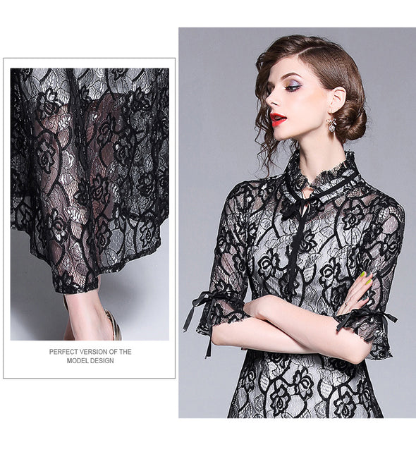 Sexy Middle Waist Hollow Lace Long Sleeve Dress