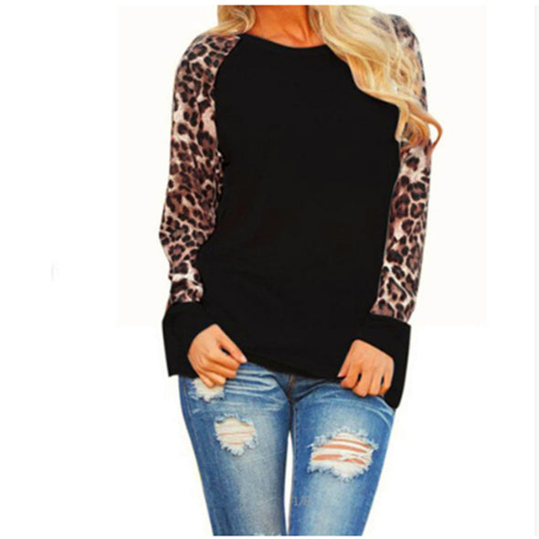 Round Neck Stitching Leopard Loose Long-Sleeved T-Shirt