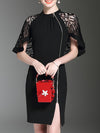 Band Collar  Decorative Lace Zips Plain Polyester Midi Dresses