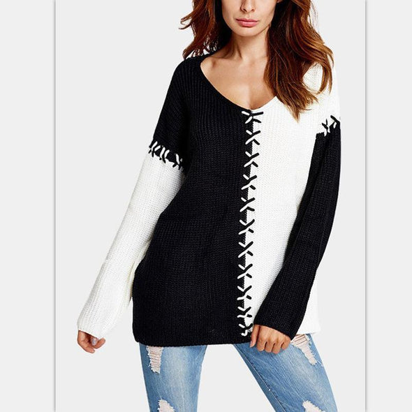 V Collar Rope Color Matching Sweater