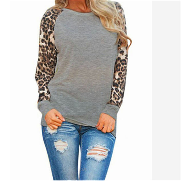 Round Neck Stitching Leopard Loose Long-Sleeved T-Shirt