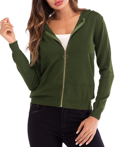 Solid Color Hooded Zipper Long Sleeve Knit Cardigan