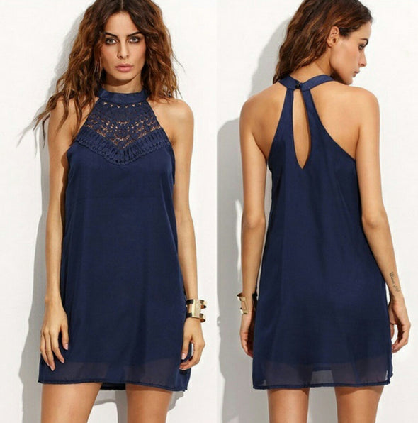 Fashion Solid Hollow Hanging Neck Shift Dress