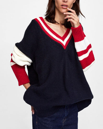 Loose V-Neck Colorblock Sweater