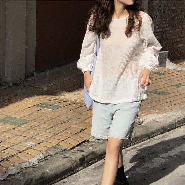 Loose Lantern Sleeve Long Sleeve Round Collar Thin T-Shirt