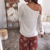 Slanted Shoulder Lace Stitching Hollow Solid Chiffon Shirt