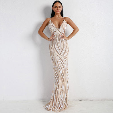 2022 European and American sexy elegant V-neck sling sequin evening dress