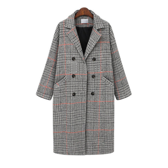 Fashion Plaid Double-breasted Long Sleeve Woolen Coat