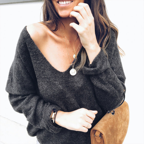 Pure Color V Neck Long Sleeve Sweatshirt