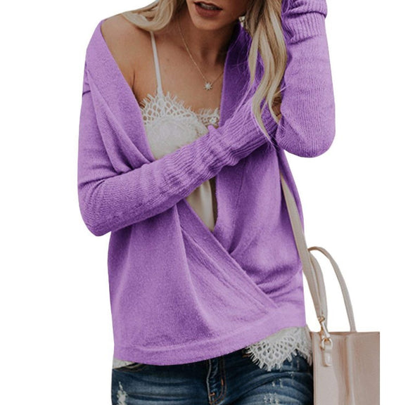 V Neck  Rib Knit Cuffs  Plain Sweaters