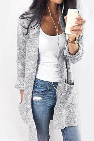 Pure Color Long Length Cardigan With Pocket