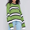 Green Stripes Round Collar Long Sleeve Sweater