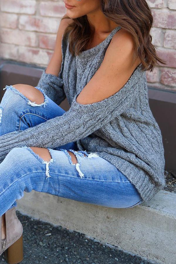 Open Shoulder  Cutout  Plain Sweaters