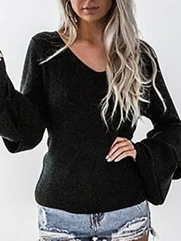 Trumpet Sleeve V-Neck Solid Color Knit Sweater