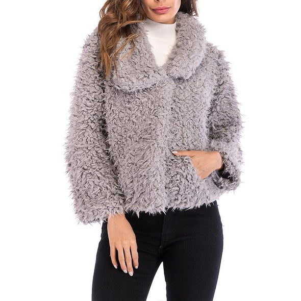 Lapel Long Sleeve Pocket Plain Fur Coats