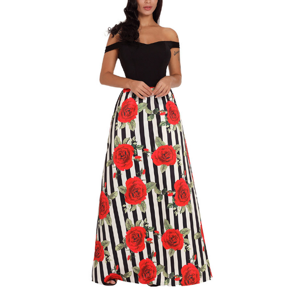 Off Shoulder sleeveless Printed High waist Party Dress