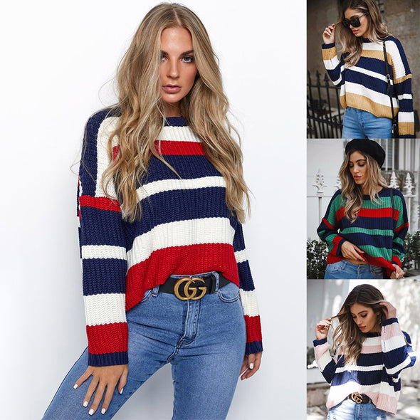 Casual O-Neck Striped Stitching Pullover Sweater