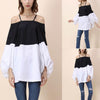 Sexy Off Shoulder Black And White Color Matching Lantern Sleeve Shirt