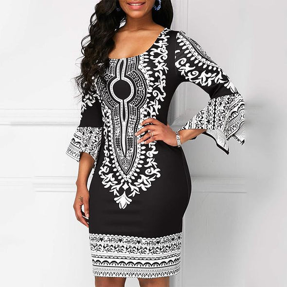 Vintage Printed Flare Sleeves Bodycon Dress