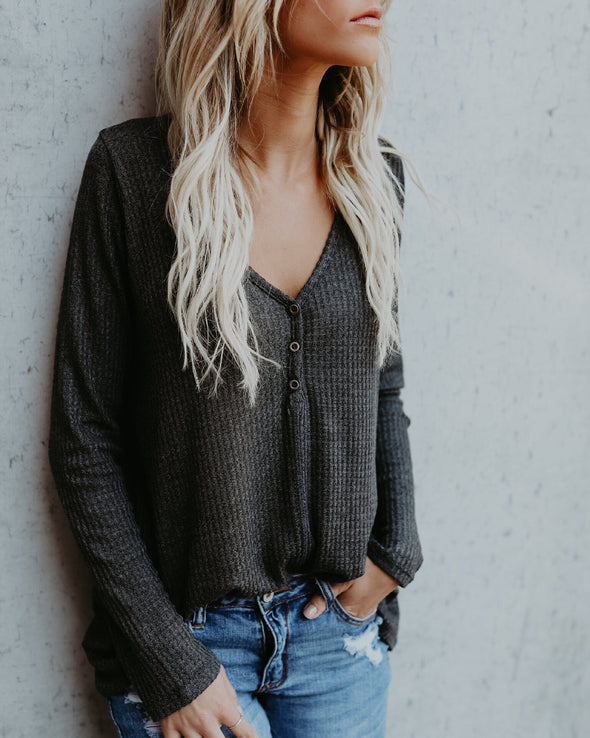 V-Neck Long-Sleeved Button-Knit Sweater