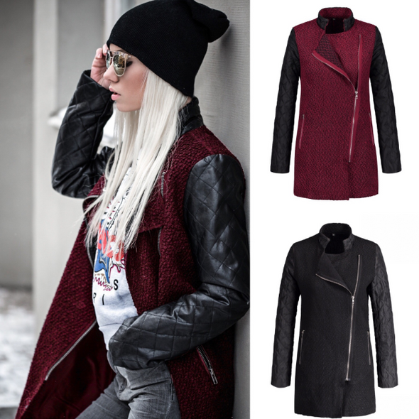 Band Collar Zipper Patchwork Outerwear