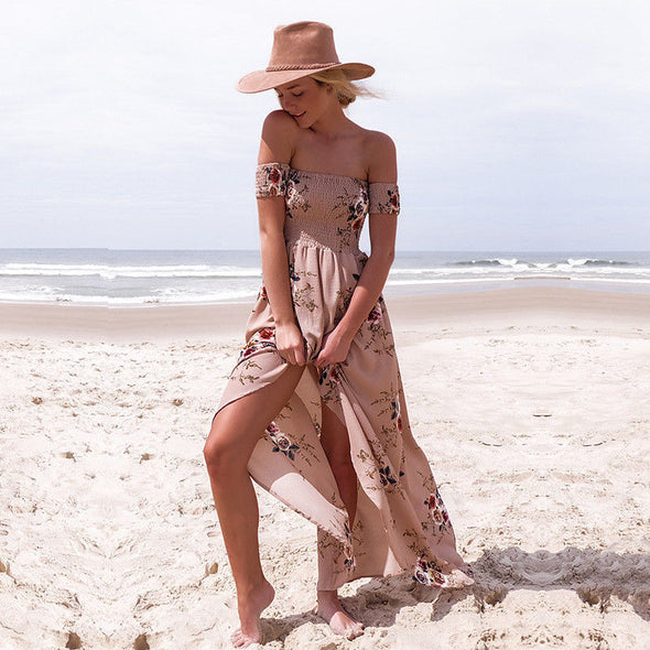 Fashion Printed Slash-Neck Off Shoulder Split Asymmetrical Maxi Dress