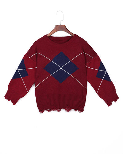 Loose Long Sleeve O-Neck Diamond Sweater