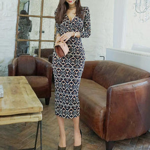 Temperament V-Neck Slim Print Bodycon