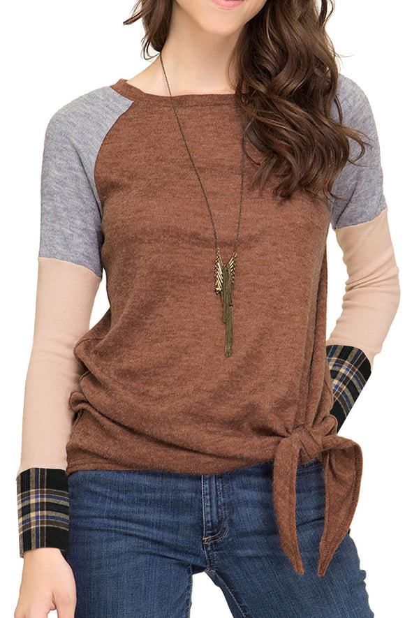 Plaid Stitching Hem Knotted T-Shirt