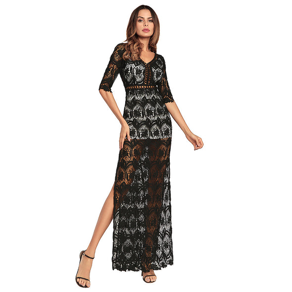 Lace Backless V-Neck  Sexy Hollow Out Split Maxi Dress