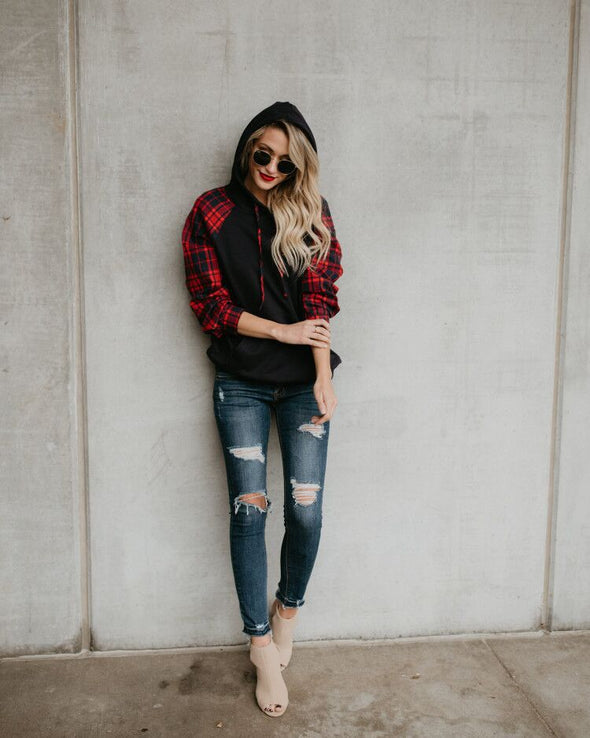 Plaid Contrast Hooded Sweatshirt