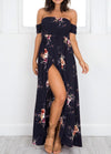 Fashion Printed Slash-Neck Off Shoulder Split Asymmetrical Maxi Dress