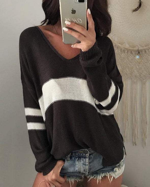 College Wind V-Neck Split-Striped Sweaters