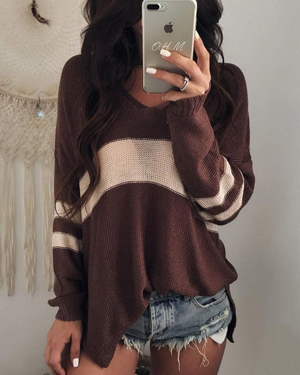 College Wind V-Neck Split-Striped Sweaters