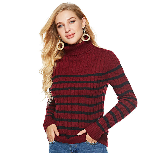 Stripe High Neck Collar Knitting Sweaters