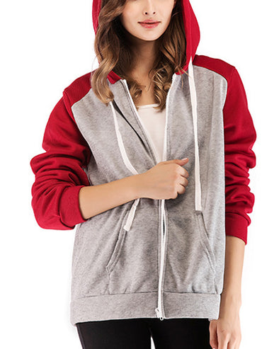 Loose Hooded Colorblock Long Sleeve Zip Sweater