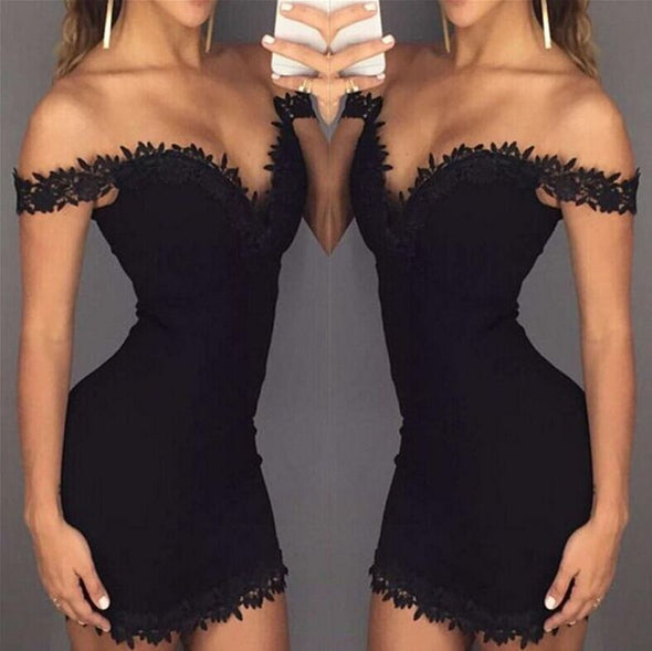 Sexy Deep V-Neck Lace Slim Sling Collapsed Shoulder Bodycon Dress