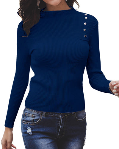 Solid Color Button Pocket Round Neck Long Sleeve Sweater