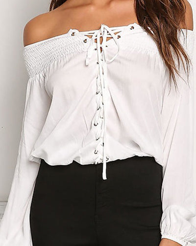 Fashion Solid Off Shoulder Slash Neck Bandage Shirt