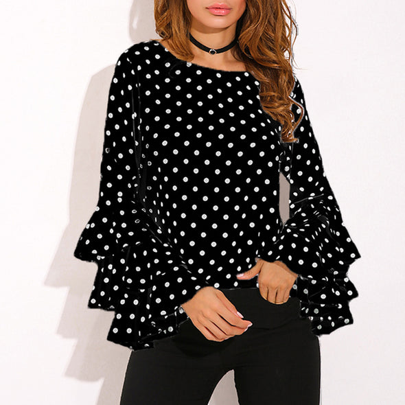 Casual O-Neck Dot three-layer Ruffles sleeve T-shirt