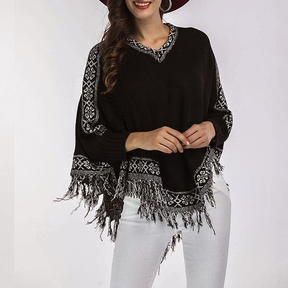 Loose V-Neck Fringed Bat Sleeve Sweater